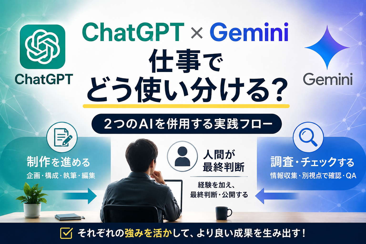 ChatGPTとGeminiを仕事で使い分ける実践フローを紹介するアイキャッチ画像