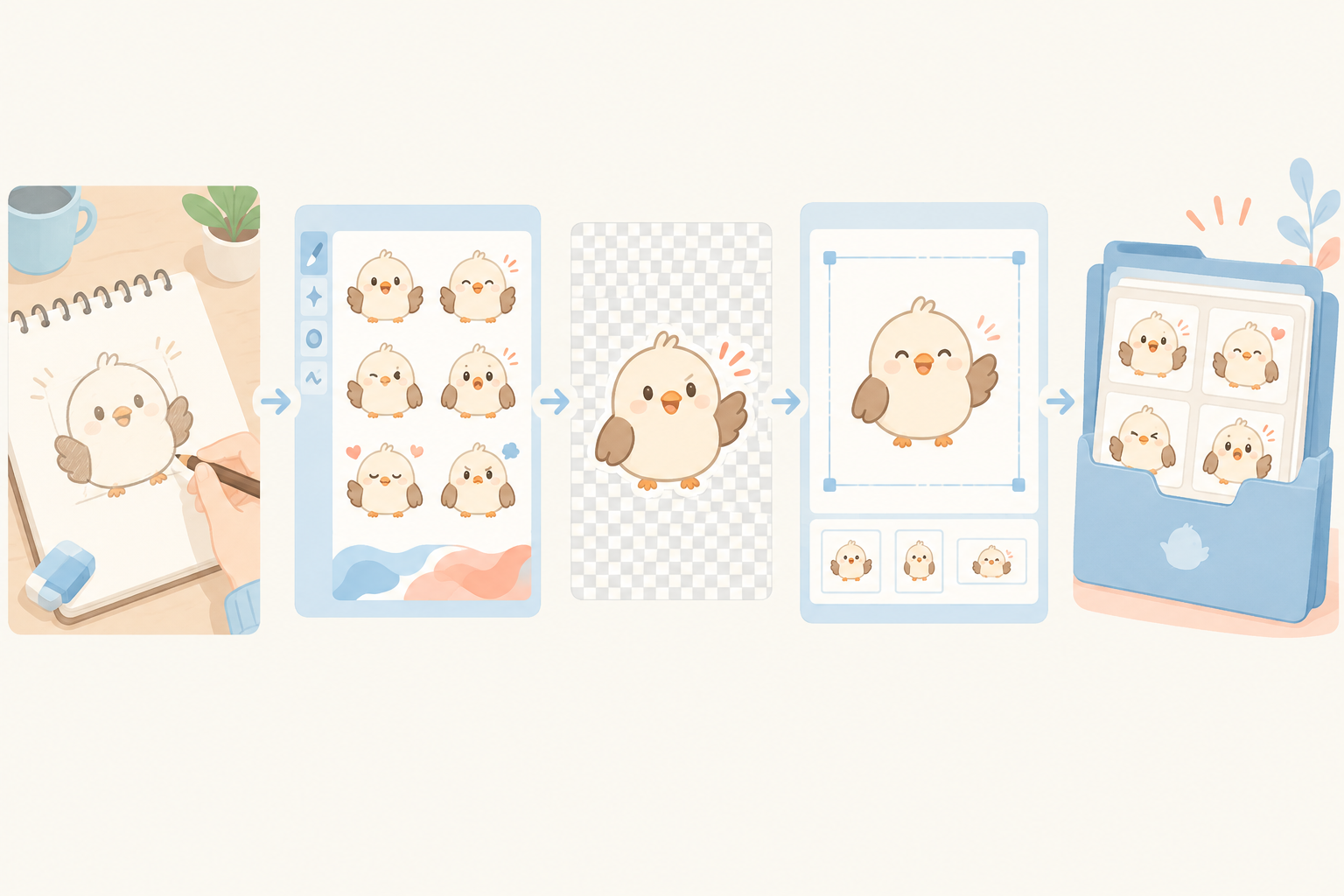 AIによるスタンプ制作の工程を、キャラクター設計、画像生成、背景透過、画像調整、提出準備の順に描いた概念図