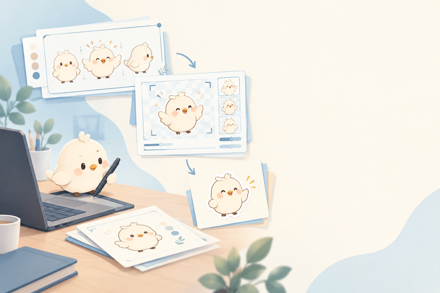 AIによるスタンプ制作をイメージした、小鳥のイラストと制作ツールの抽象的な構図